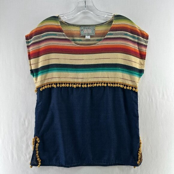 Silverado Tops - Silverado Southwestern Top Womens XS Boho Piper Pom Pom Trim Serape Striped Blue